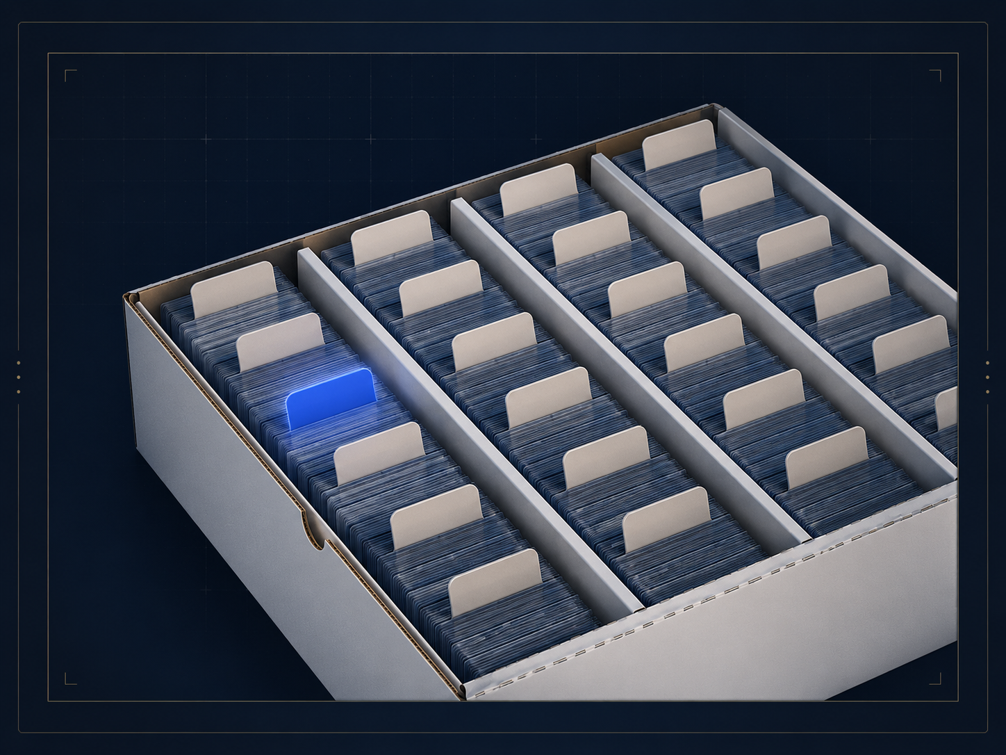 Illustration of an indexed card storage box with divided sections and a highlighted card position